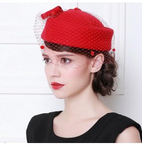 Black red ivory wine red 100% wool handmade vintage women's ladies female performance party England bridal  fashion pillbox top hats veil fascinators fedoras dress hats